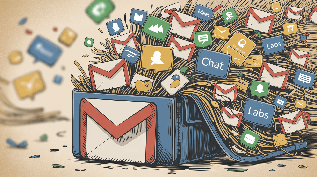 Hand-drawn illustration showing Gmail inbox overwhelmed by feature icons including Chat, Meet, Labs, and add-ons, demonstrating feature bloat that slows performance
